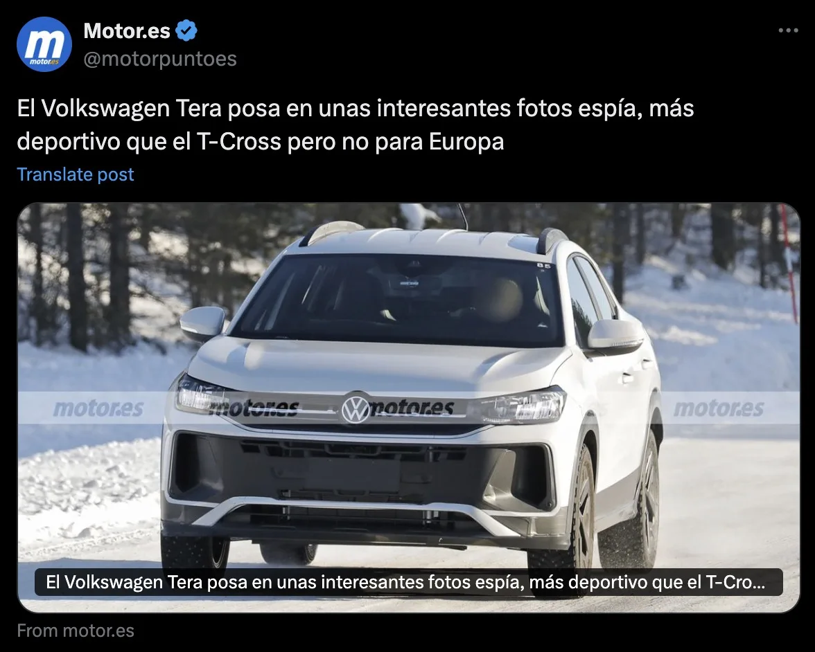 O Volkswagen Tera apareceu sem disfarces na Europa antes da estreia no Brasil. Fabricado em Taubaté, será um SUV compacto posicionado abaixo do T-Cross e do Nivus, com lançamento marcado para março.