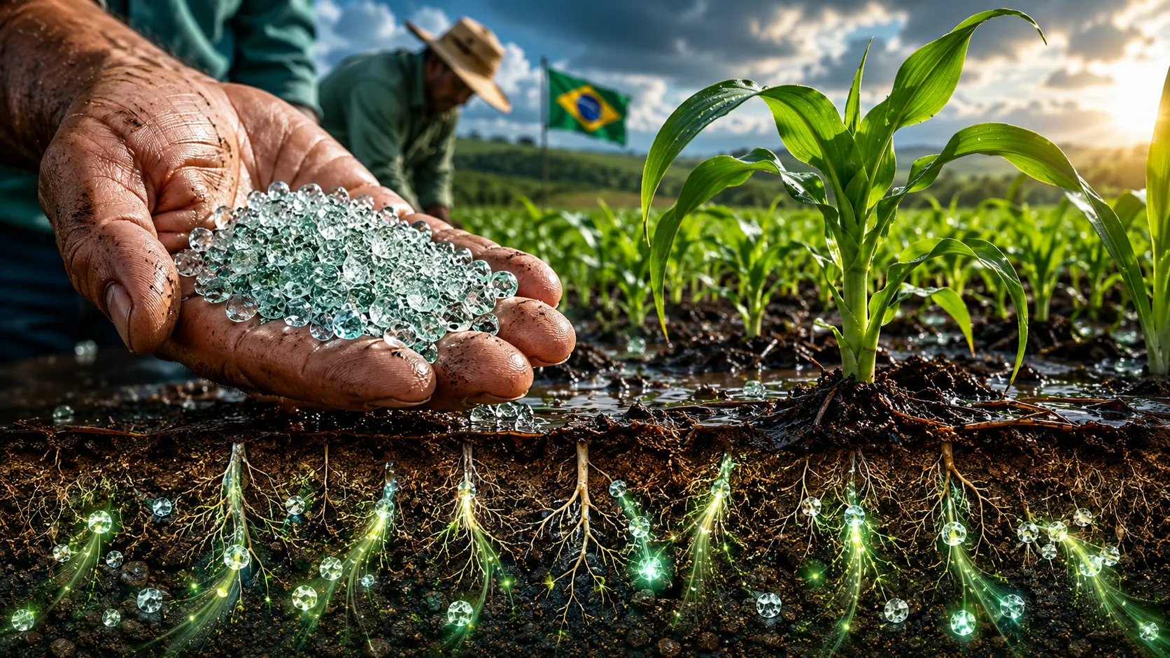 Pesquisadores aquecem nutrientes a cerca de 1.100 °C, transformam a mistura em partículas semelhantes a vidro e criam fertilizante capaz de liberar alimento lentamente no solo e reduzir perdas - imagem gerada por IA